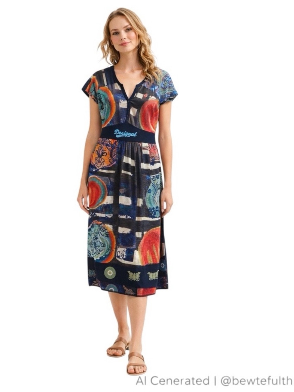 Desigual Graphic Print Cotton Midi Dress Blue Logo Waist M